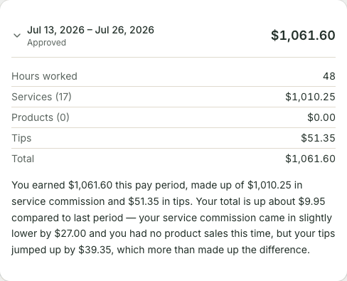 A RewireBox paystub explaining itself — the period's total broken into service commission, product commission and tips, in plain English.